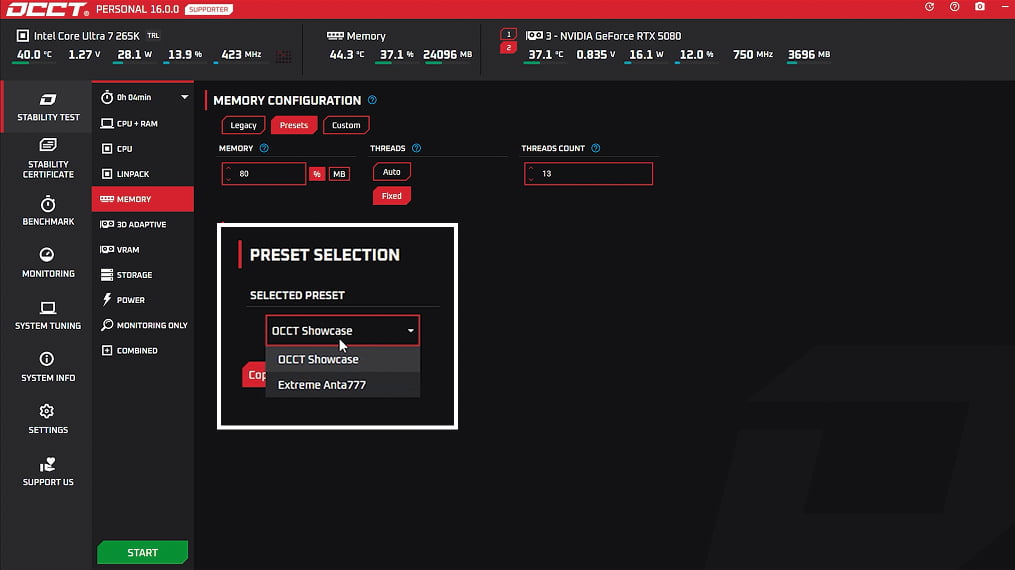 OCCT RAM preset gallery highlighting Showcase and Extreme Anta777 profiles