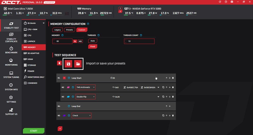 OCCT memory test import and save preset buttons for exporting and loading test configurations