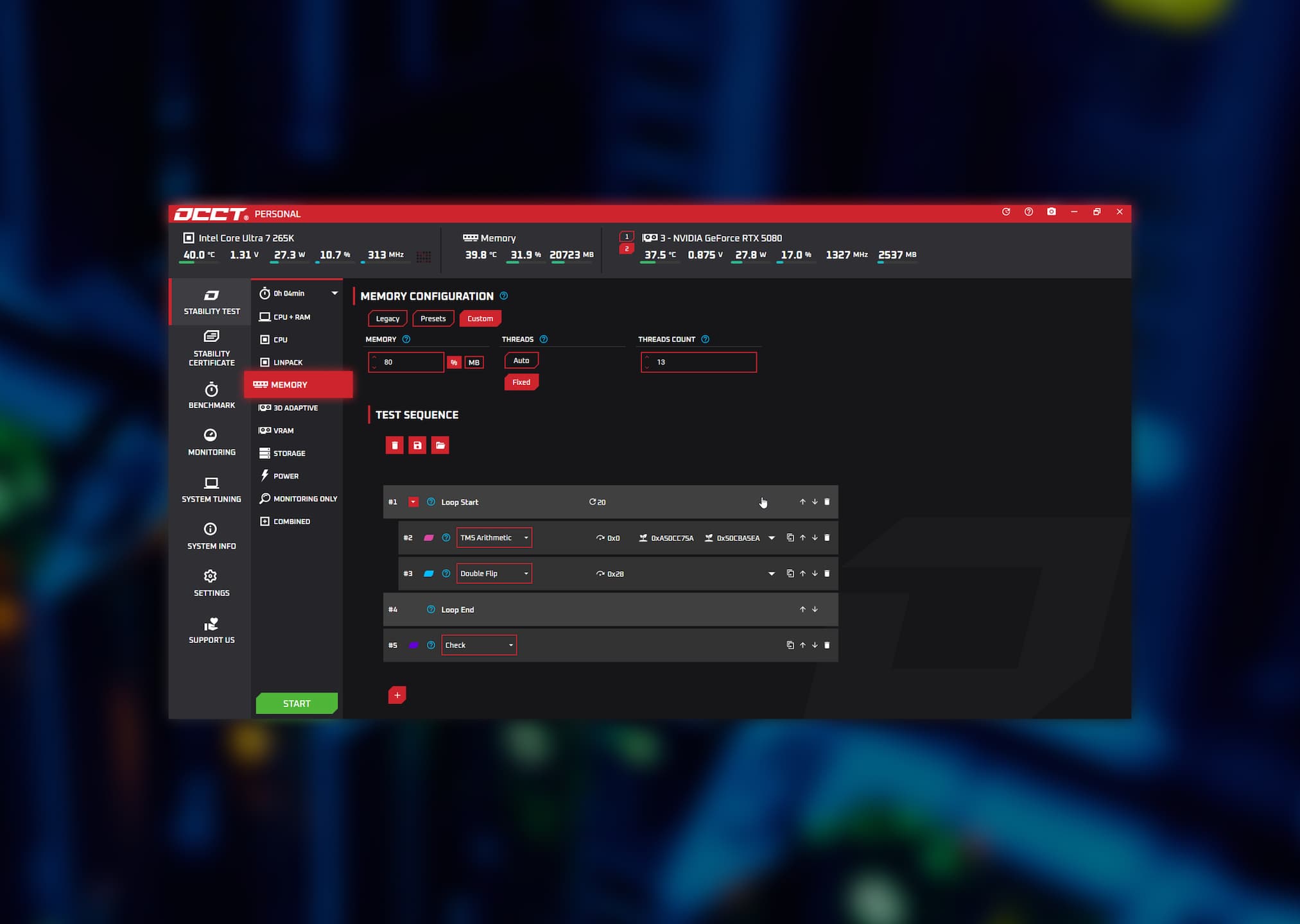 OCCT v17 memory test layout with presets and custom block sequences